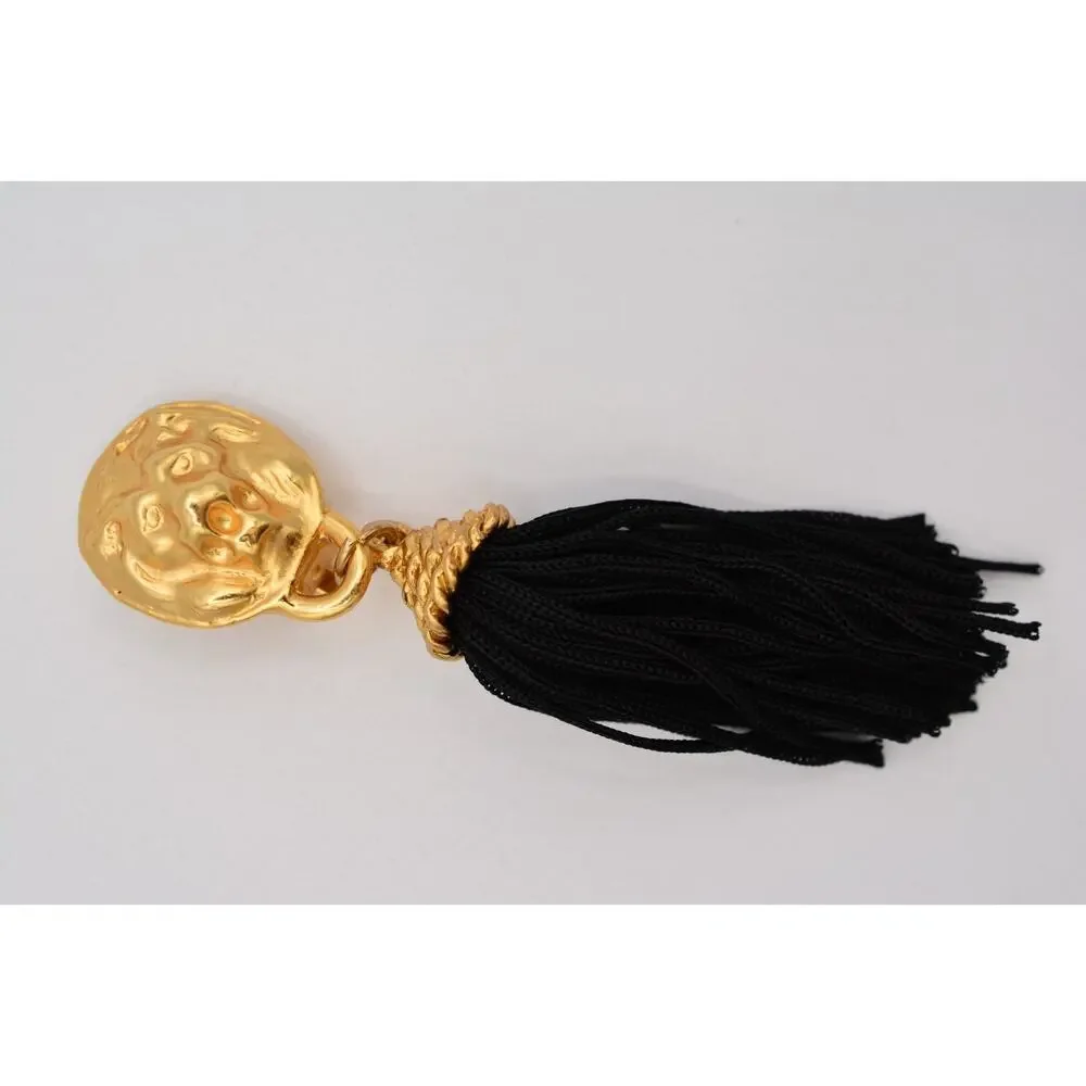 Vintage Lion Head Black Tassel Clip On Statement Earrings Brushed Gold 80s BinAR